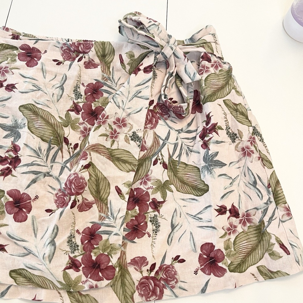 Maison d'Amelie Tropical Floral Linen-Blend Faux Wrap Mini Skirt Resort XL - Picture 3 of 5